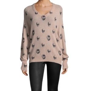 Skull-Print V-Neck Cashmere Sweater